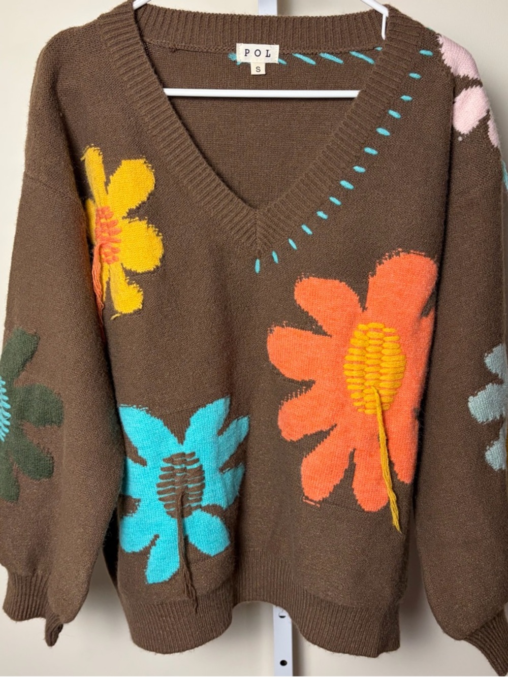 POL Good Mood Retro Floral Daisy Sweater Brown Oversized 70s Boho Cozy Fall Sz S